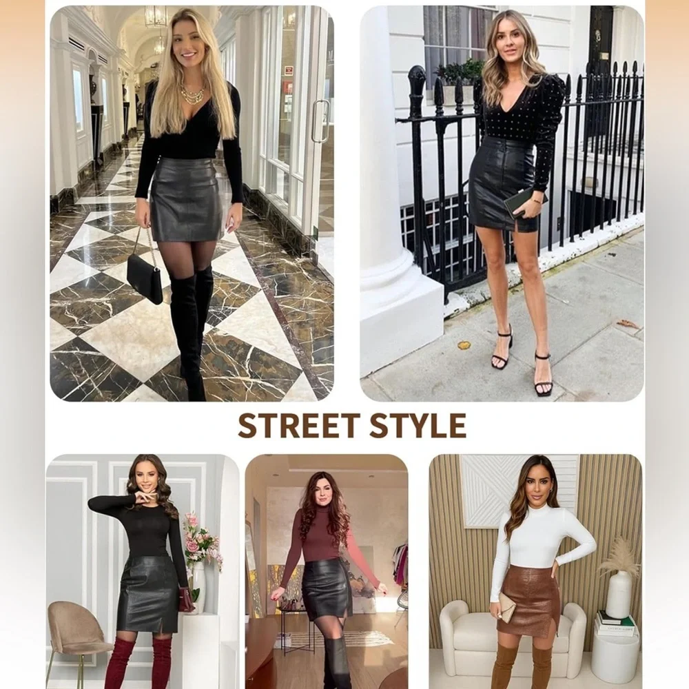 High Waist Bodycon Mini Short Faux Leather Skirt with Slit - Picture 5 of 12